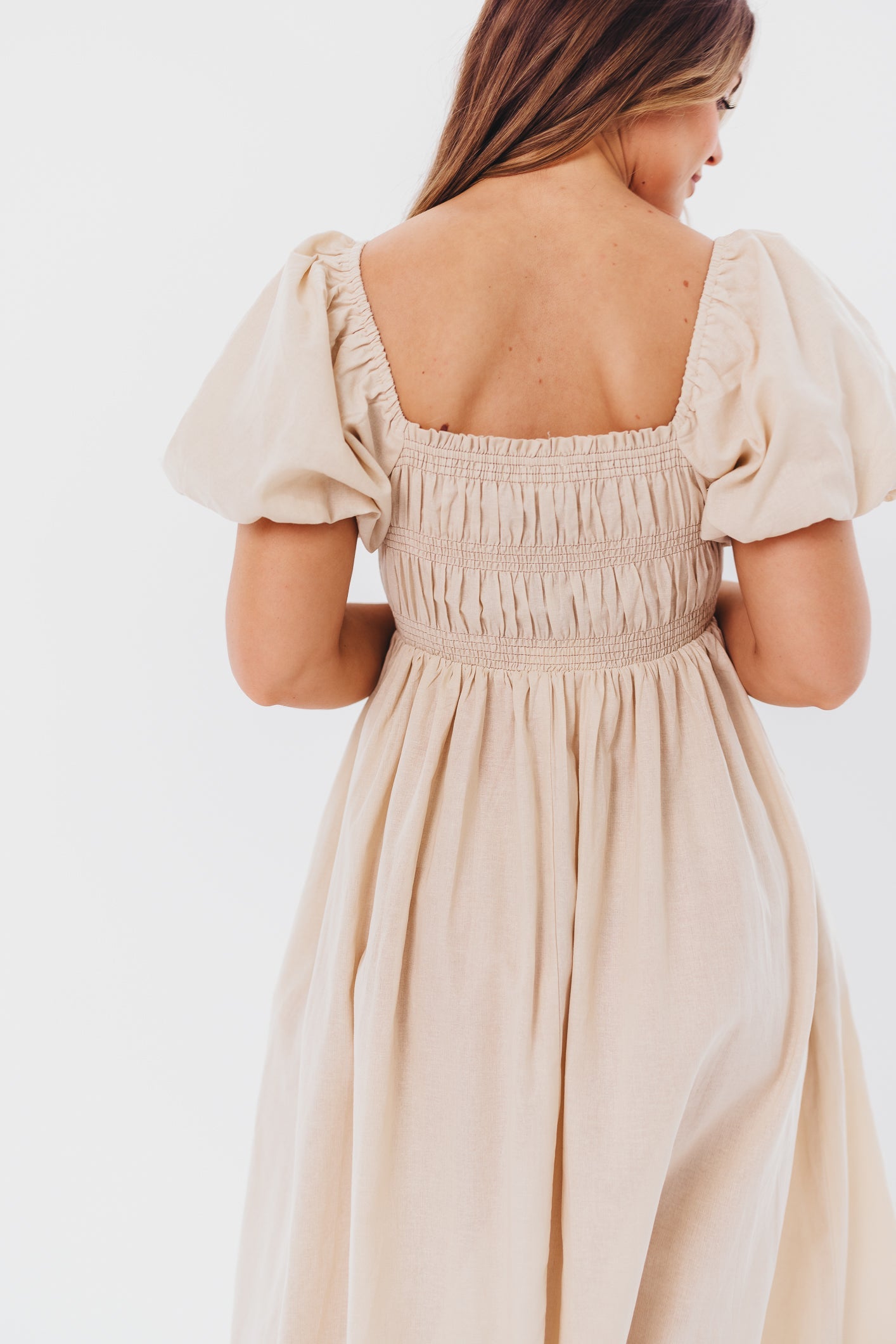 Nan Smocked Maxi Dress with Puffed Sleeves in Light Taupe