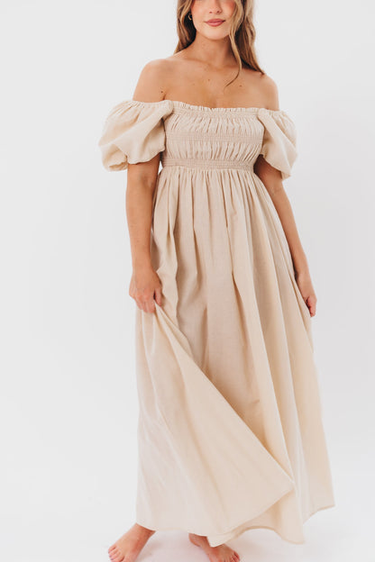 Nan Smocked Maxi Dress with Puffed Sleeves in Light Taupe