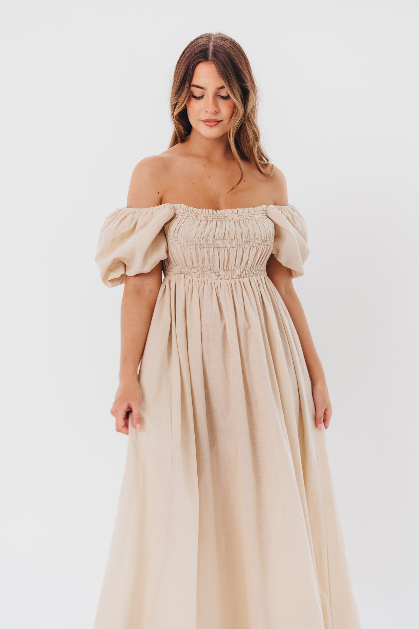 Nan Smocked Maxi Dress with Puffed Sleeves in Light Taupe