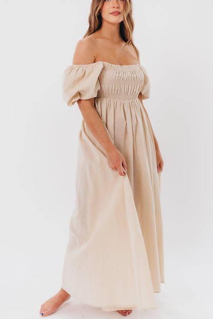 Nan Smocked Maxi Dress with Puffed Sleeves in Light Taupe