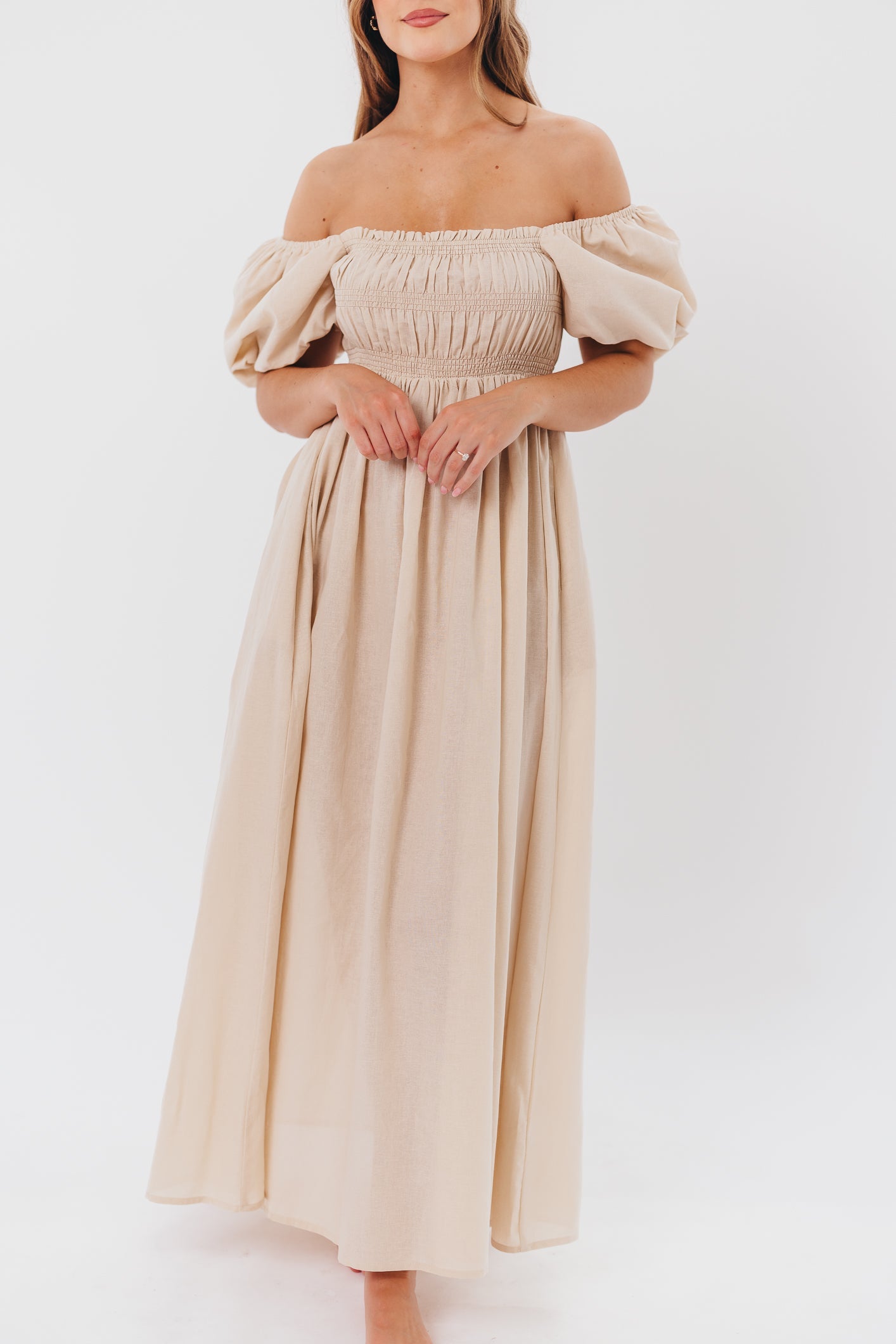 Nan Smocked Maxi Dress with Puffed Sleeves in Light Taupe