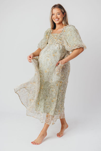 Melody Maxi Dress with Pleats and Bow Detail in Sage Floral - Bump Friendly & Inclusive Sizing (S-3XL)