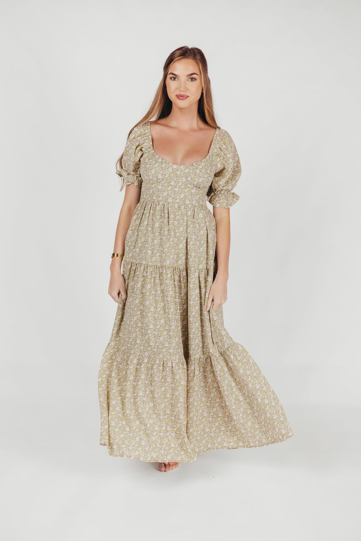 Patton Sweetheart Neckline Tiered Maxi Dress in Sage