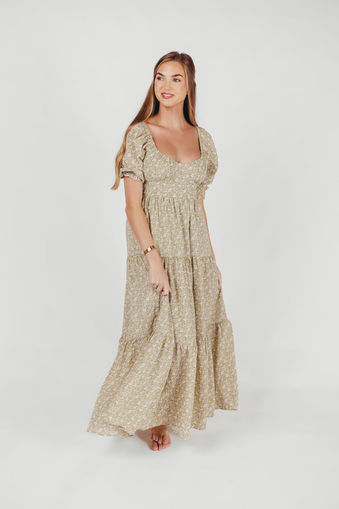 Patton Sweetheart Neckline Tiered Maxi Dress in Sage