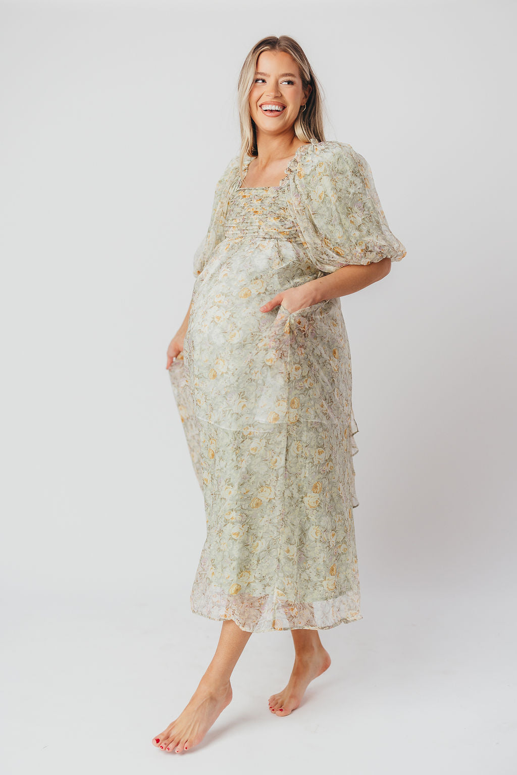 Melody Maxi Dress with Pleats and Bow Detail in Sage Floral - Bump Friendly & Inclusive Sizing (S-3XL)