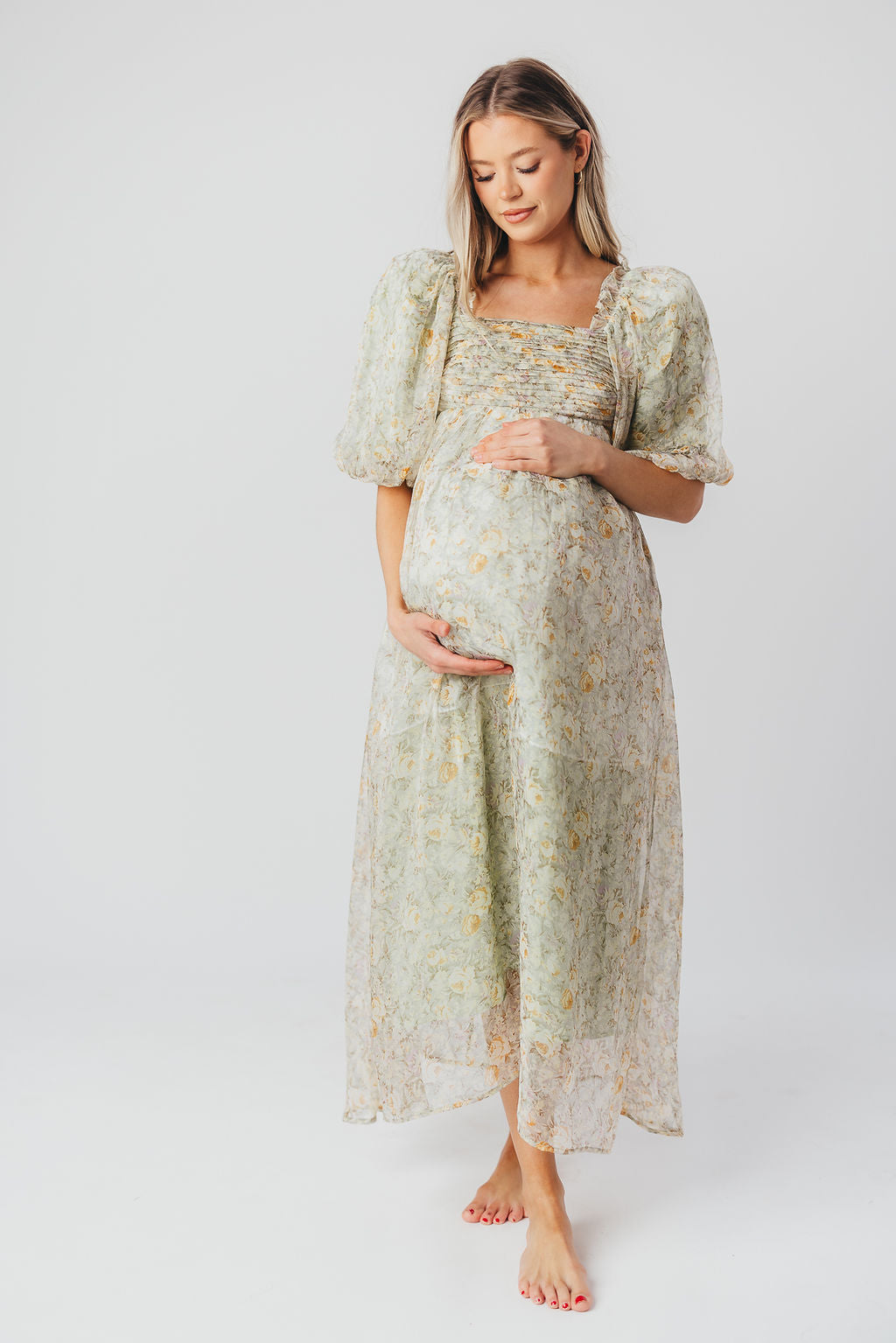 Melody Maxi Dress with Pleats and Bow Detail in Sage Floral - Bump Friendly & Inclusive Sizing (S-3XL)