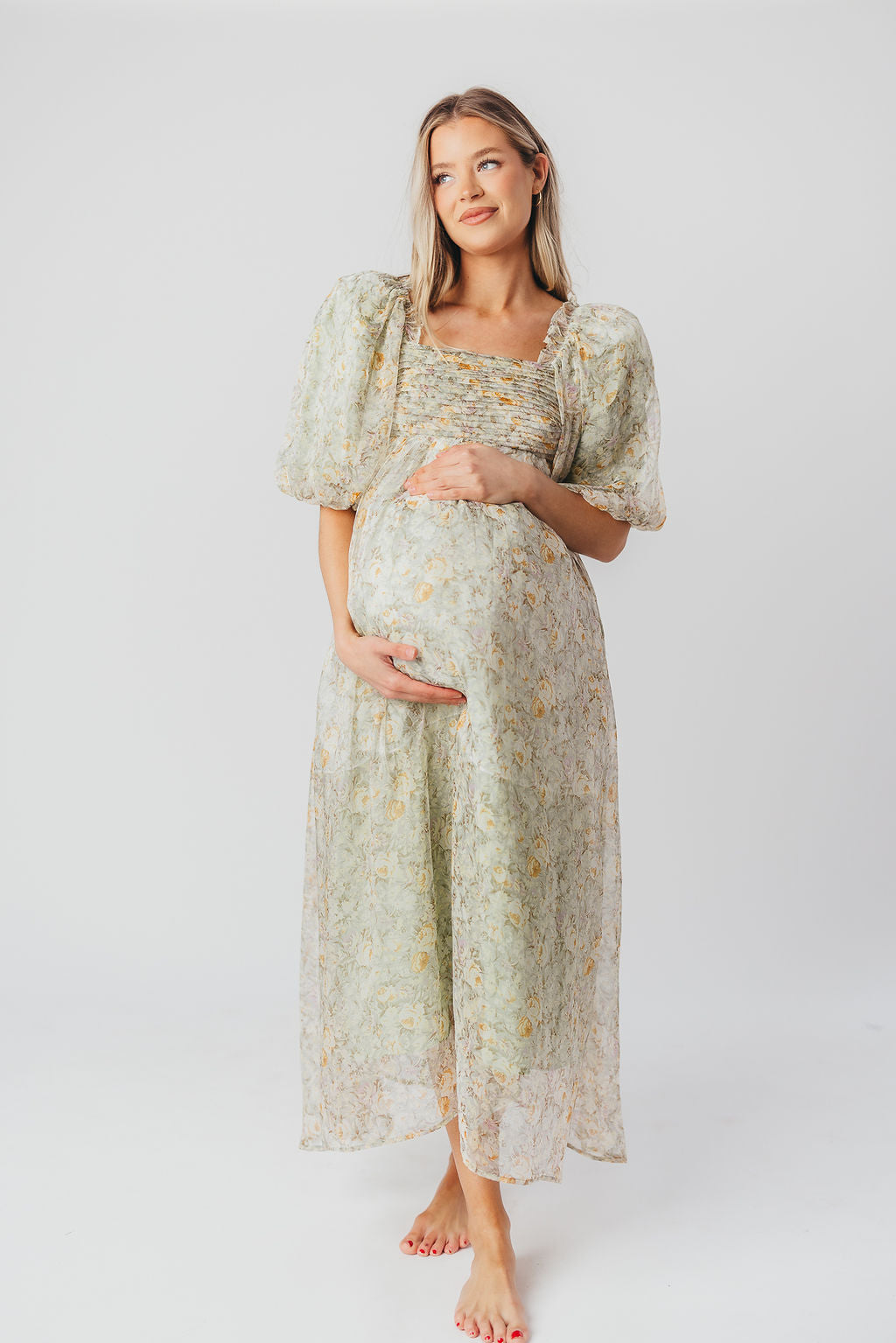 Melody Maxi Dress with Pleats and Bow Detail in Sage Floral - Bump Friendly & Inclusive Sizing (S-3XL)