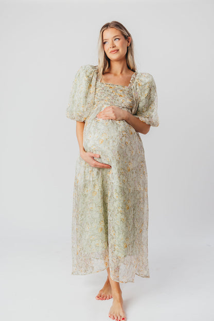 Melody Maxi Dress with Pleats and Bow Detail in Sage Floral - Bump Friendly & Inclusive Sizing (S-3XL)