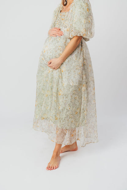 Melody Maxi Dress with Pleats and Bow Detail in Sage Floral - Bump Friendly & Inclusive Sizing (S-3XL)