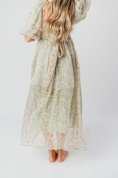 Melody Maxi Dress with Pleats and Bow Detail in Sage Floral - Bump Friendly & Inclusive Sizing (S-3XL)