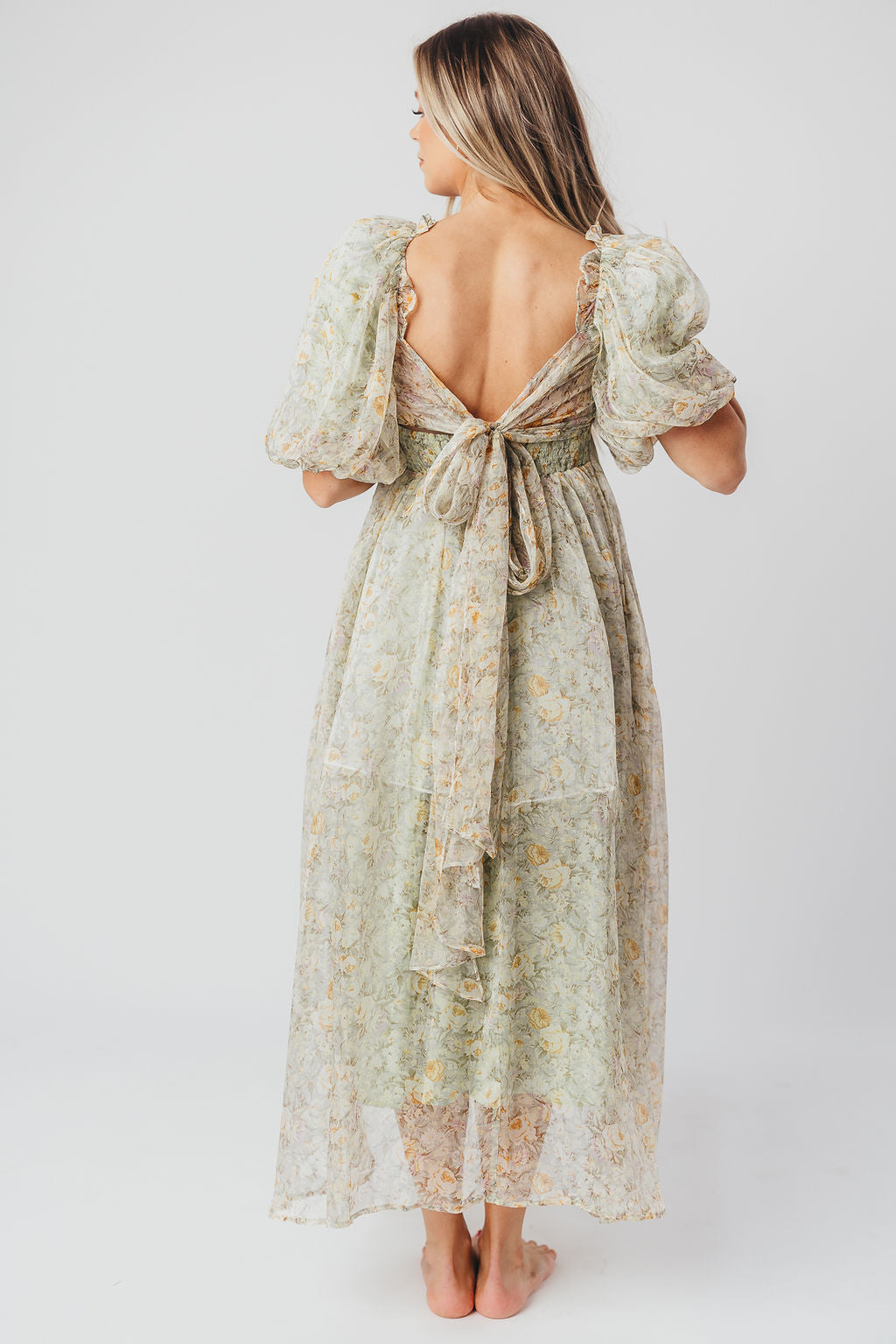 Melody Maxi Dress with Pleats and Bow Detail in Sage Floral - Bump Friendly & Inclusive Sizing (S-3XL)