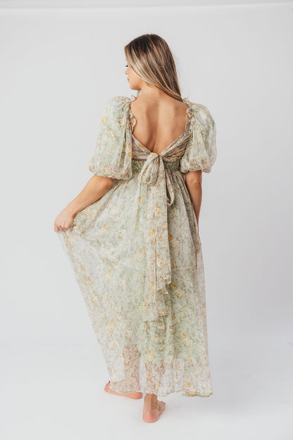 Melody Maxi Dress with Pleats and Bow Detail in Sage Floral - Bump Friendly & Inclusive Sizing (S-3XL)