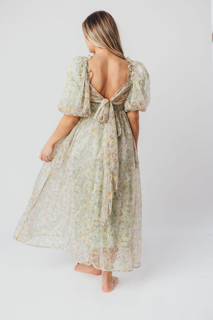 Melody Maxi Dress with Pleats and Bow Detail in Sage Floral - Bump Friendly & Inclusive Sizing (S-3XL)