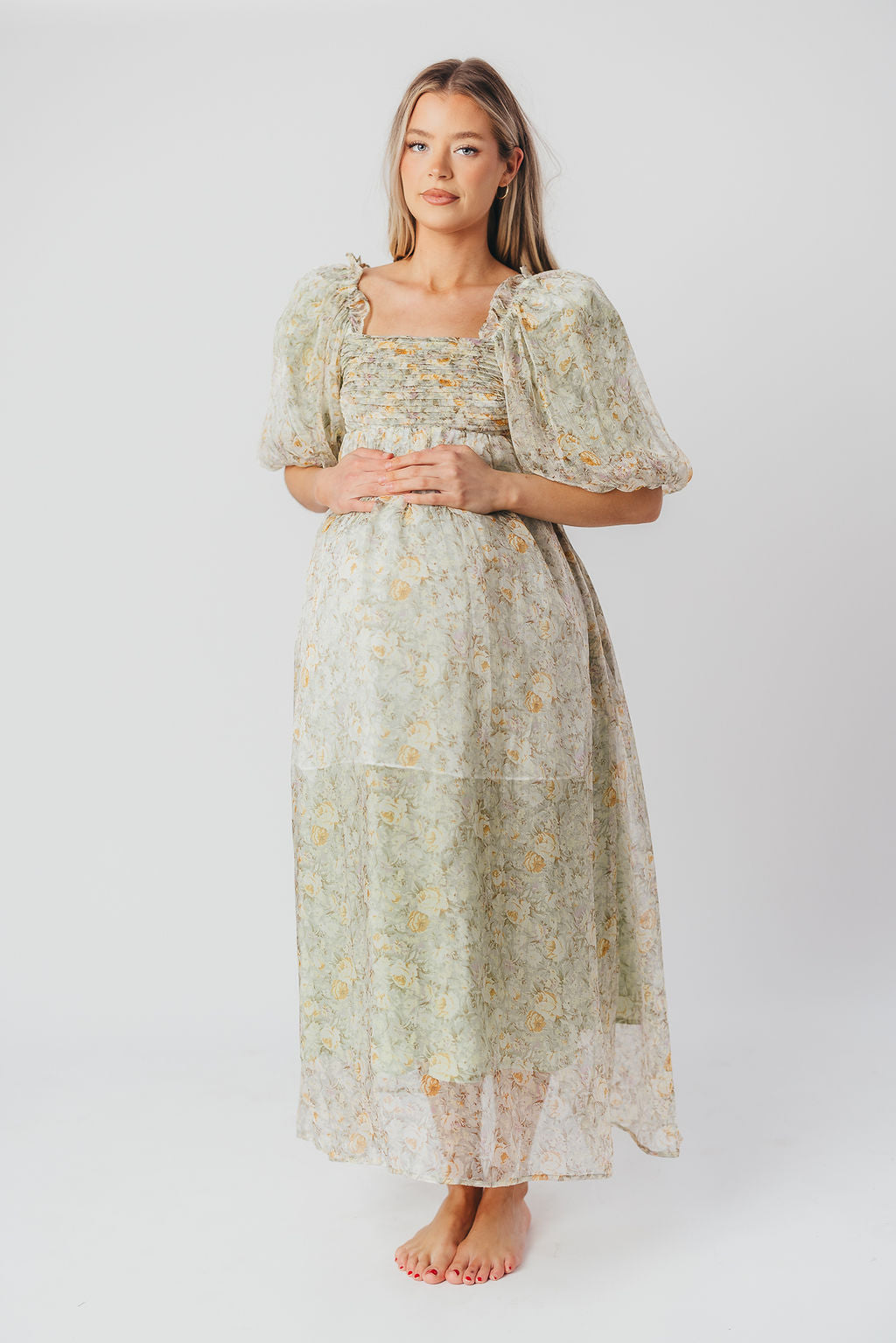 Melody Maxi Dress with Pleats and Bow Detail in Sage Floral - Bump Friendly & Inclusive Sizing (S-3XL)