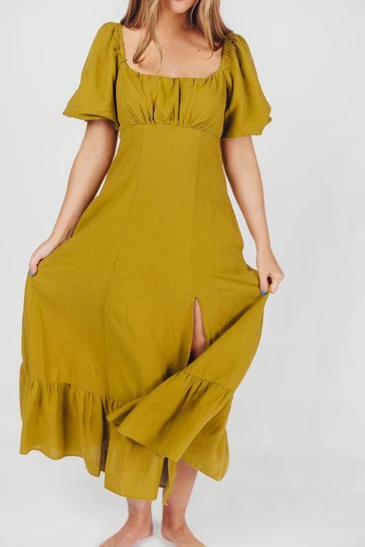 Beatrice Linen Fit-and-Flare Maxi Dress in Chartreuse