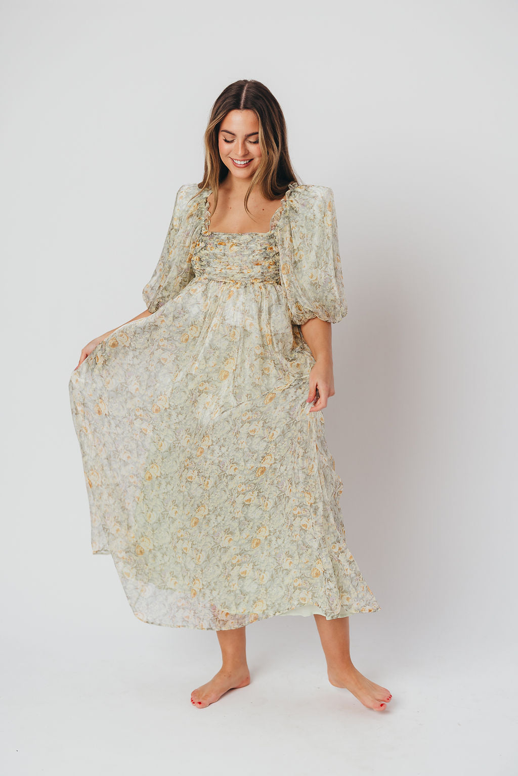 Melody Maxi Dress with Pleats and Bow Detail in Sage Floral - Bump Friendly & Inclusive Sizing (S-3XL)