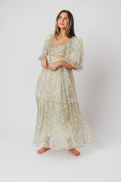 Melody Maxi Dress with Pleats and Bow Detail in Sage Floral - Bump Friendly & Inclusive Sizing (S-3XL)