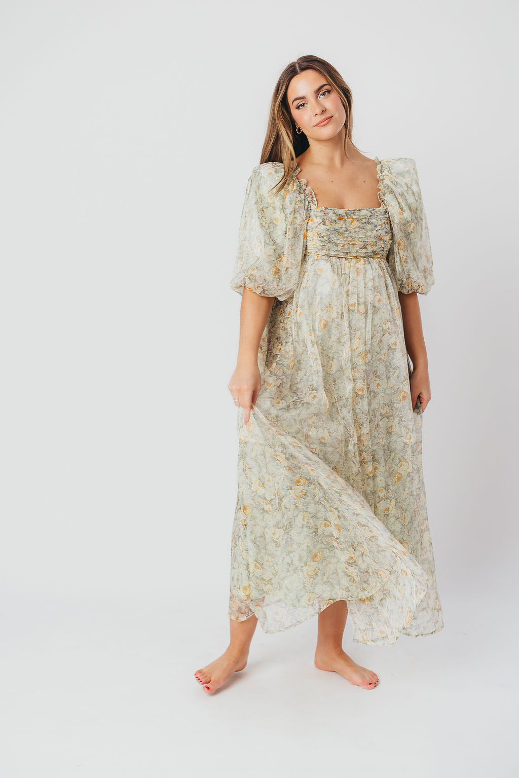 Melody Maxi Dress with Pleats and Bow Detail in Sage Floral - Bump Friendly & Inclusive Sizing (S-3XL)