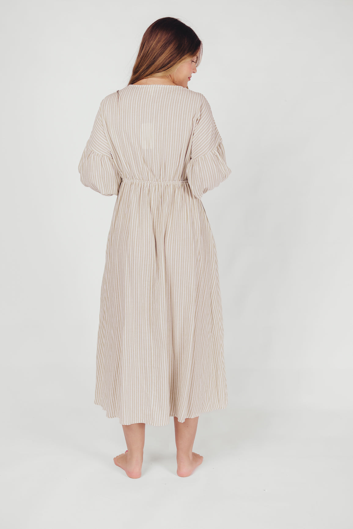 Sasha 100% Cotton Striped Midi Dress in Thyme - Bump Friendly