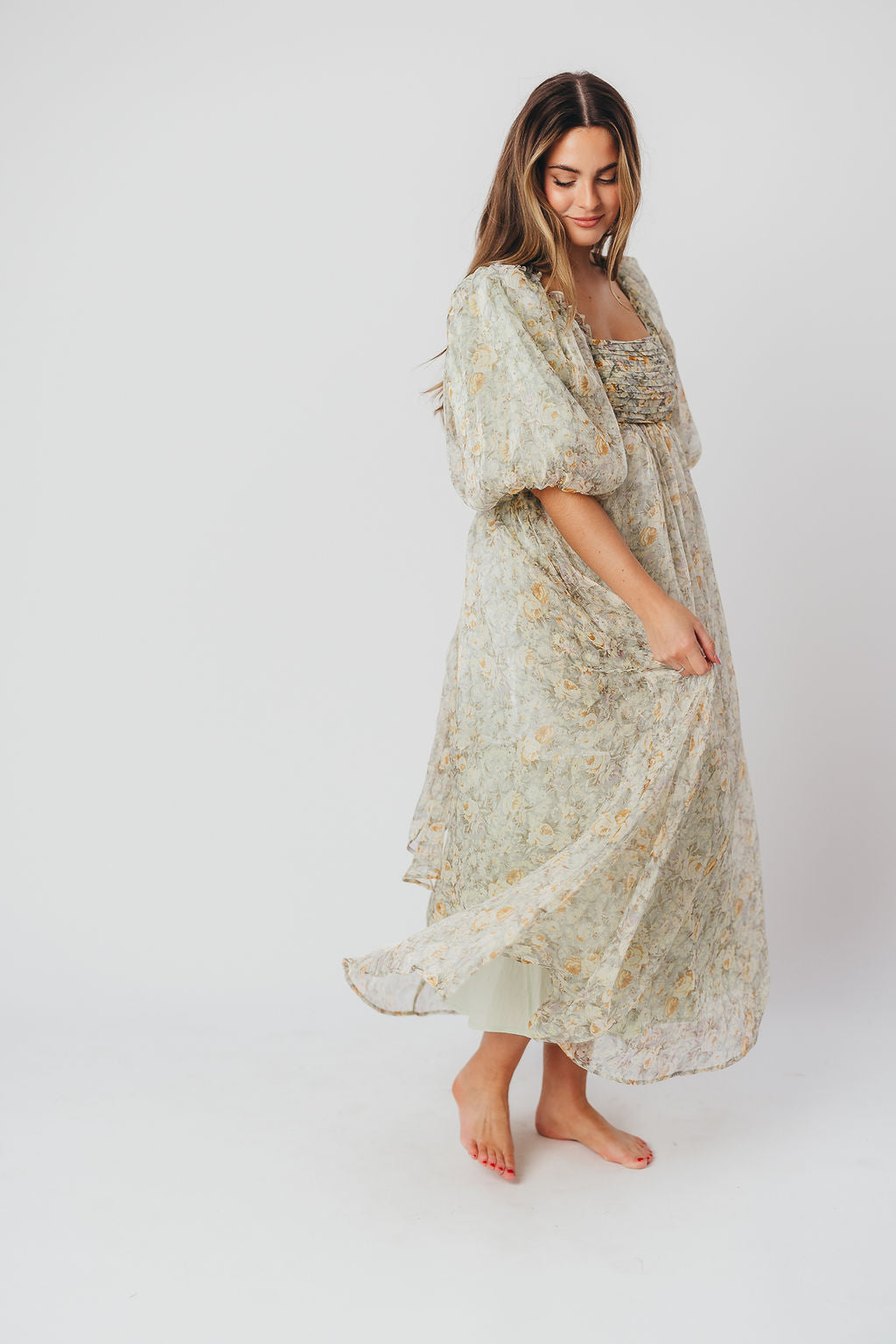 Melody Maxi Dress with Pleats and Bow Detail in Sage Floral - Bump Friendly & Inclusive Sizing (S-3XL)