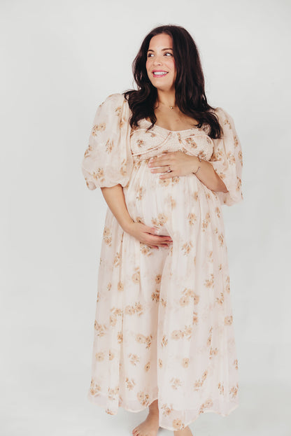 Harlow Maxi Dress in Taupe Floral - Bump Friendly & Inclusive Sizing (S-3XL)