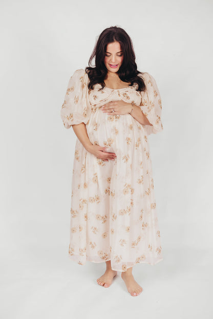 Harlow Maxi Dress in Taupe Floral - Bump Friendly & Inclusive Sizing (S-3XL)