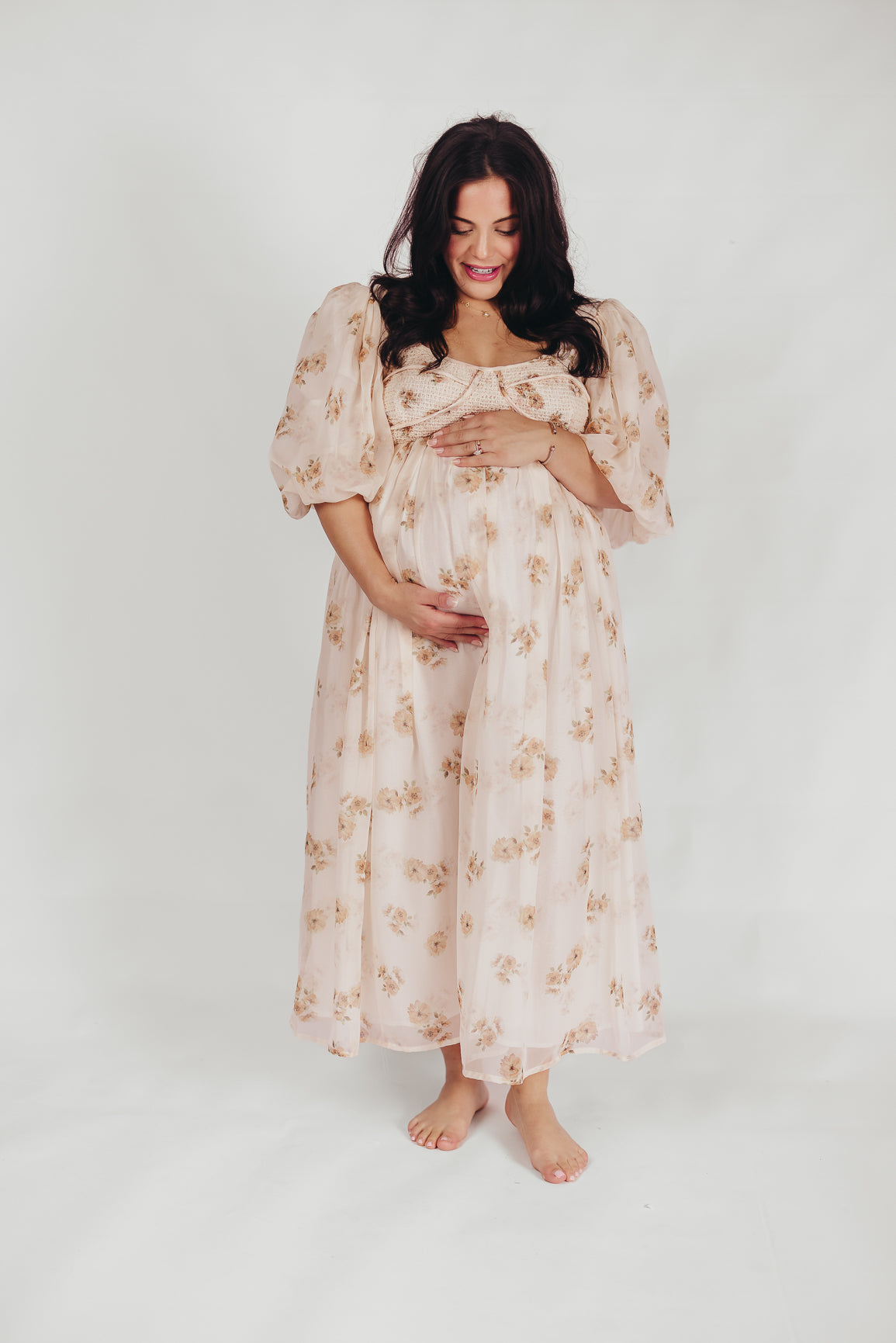 Harlow Maxi Dress in Taupe Floral - Bump Friendly & Inclusive Sizing (S-3XL)