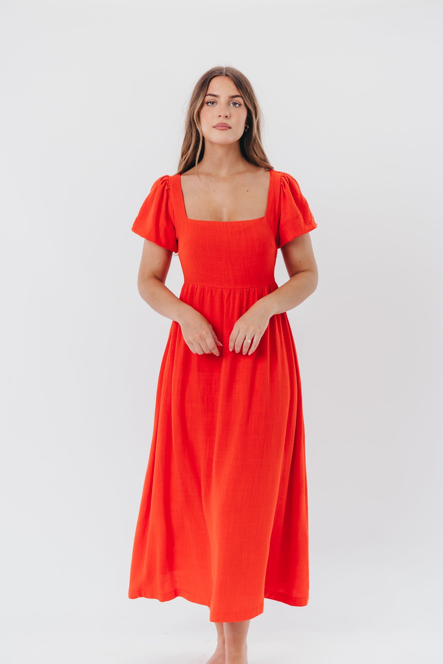 Ainsley Square Neck Midi Dress with Puffed Sleeves in Red Poppy - Bump Friendly & Inclusive Sizing (S-3XL)