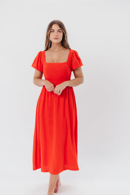 Ainsley Square Neck Midi Dress with Puffed Sleeves in Red Poppy - Bump Friendly & Inclusive Sizing (S-3XL)