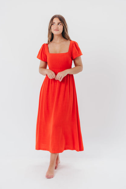 Ainsley Square Neck Midi Dress with Puffed Sleeves in Red Poppy - Bump Friendly & Inclusive Sizing (S-3XL)