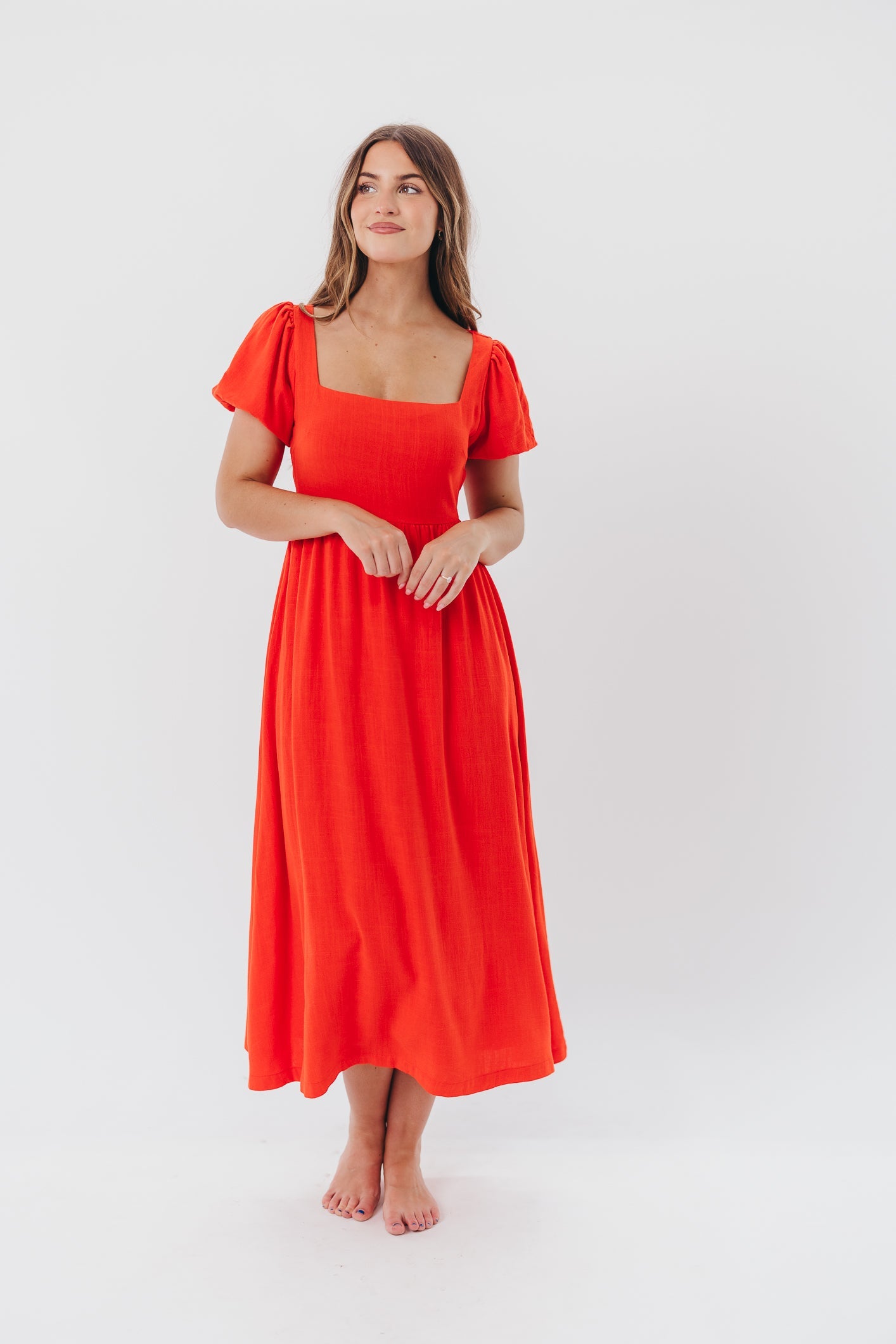 Ainsley Square Neck Midi Dress with Puffed Sleeves in Red Poppy - Bump Friendly & Inclusive Sizing (S-3XL)