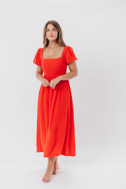 Ainsley Square Neck Midi Dress with Puffed Sleeves in Red Poppy - Bump Friendly & Inclusive Sizing (S-3XL)