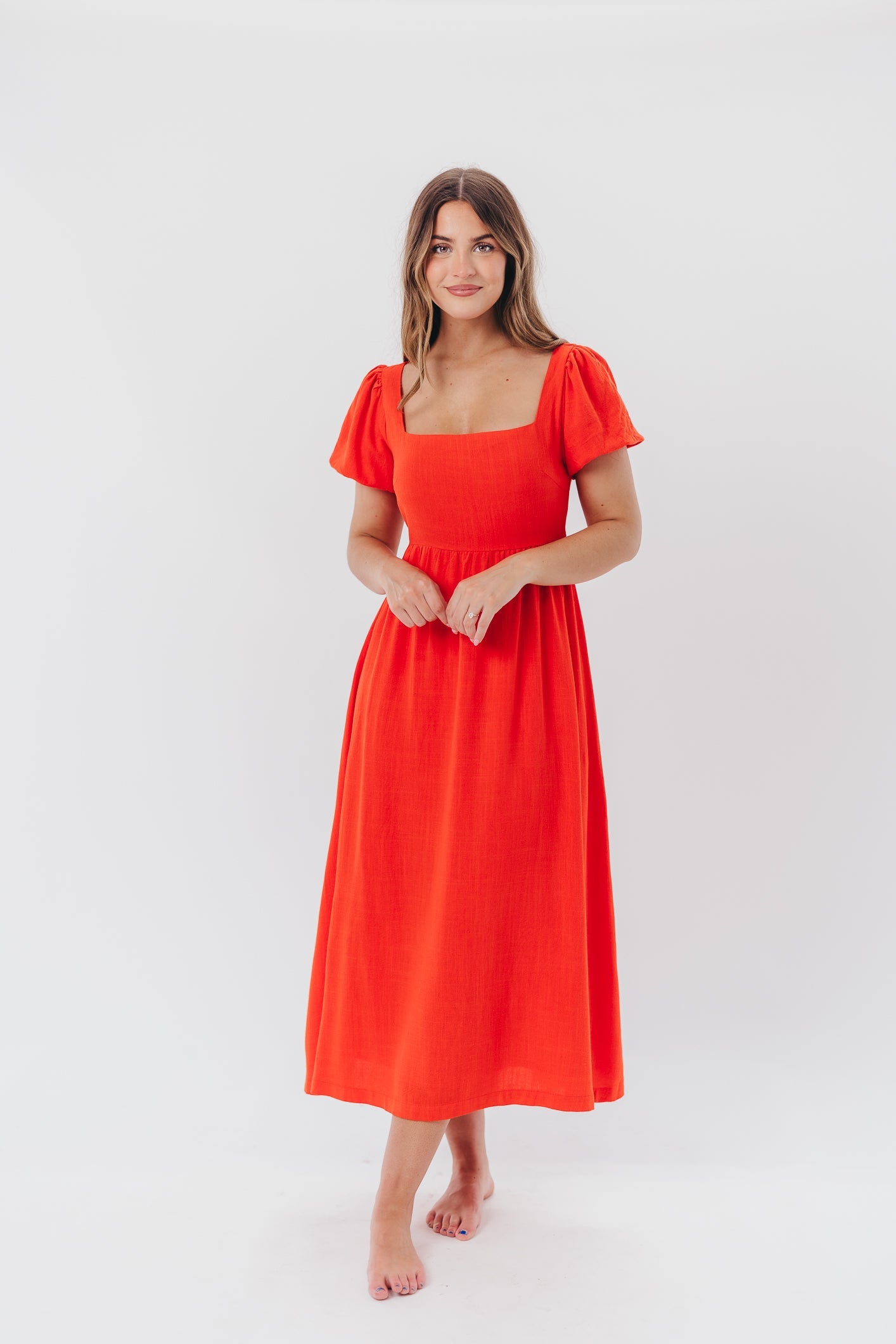 Ainsley Square Neck Midi Dress with Puffed Sleeves in Red Poppy - Bump Friendly & Inclusive Sizing (S-3XL)