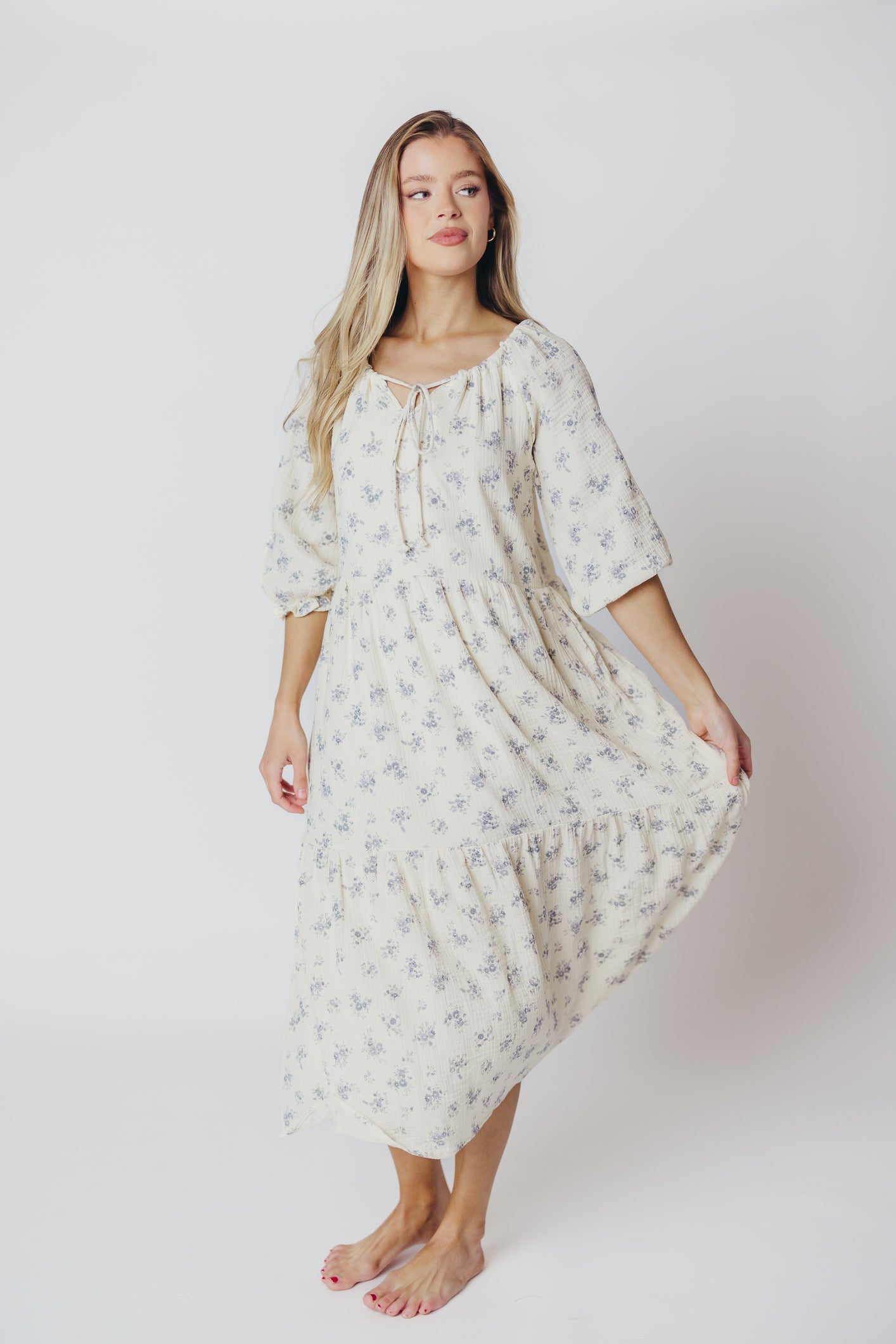 Jenna Tiered Gauze Midi Dress in Ivory Floral - Bump Friendly - Inclusive Sizing (S-3X)