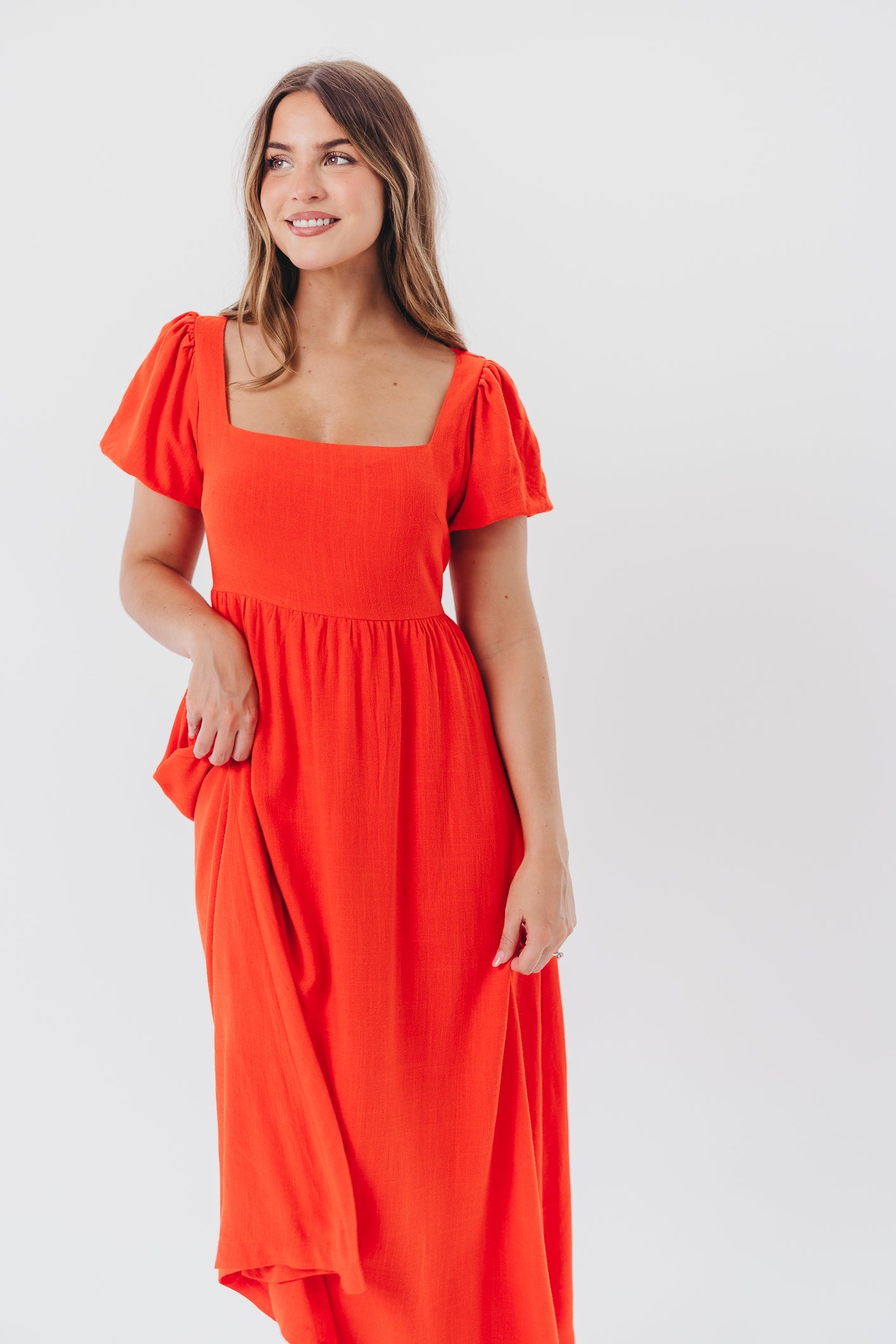 Ainsley Square Neck Midi Dress with Puffed Sleeves in Red Poppy - Bump Friendly & Inclusive Sizing (S-3XL)