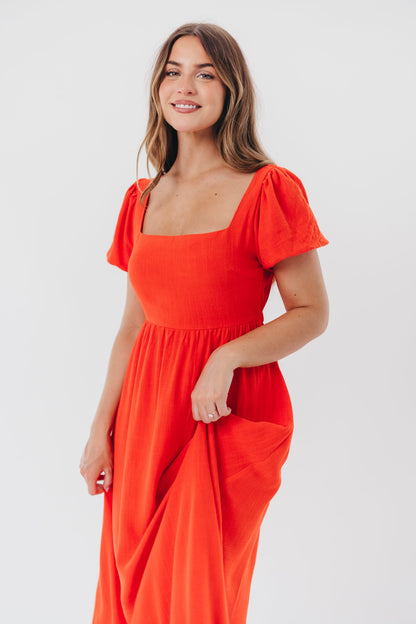 Ainsley Square Neck Midi Dress with Puffed Sleeves in Red Poppy - Bump Friendly & Inclusive Sizing (S-3XL)