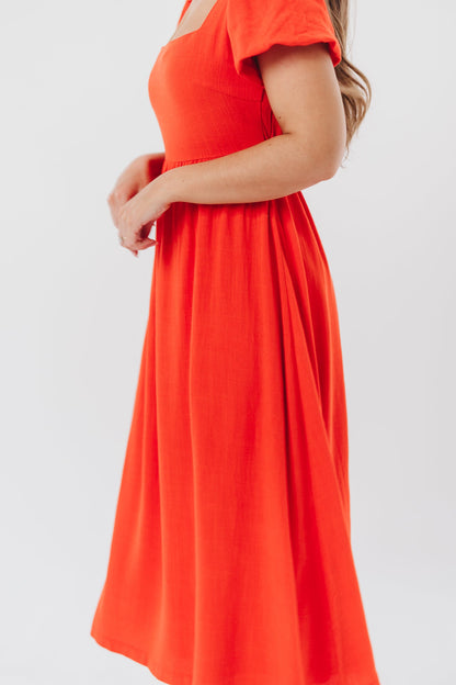 Ainsley Square Neck Midi Dress with Puffed Sleeves in Red Poppy - Bump Friendly & Inclusive Sizing (S-3XL)