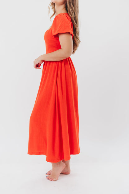 Ainsley Square Neck Midi Dress with Puffed Sleeves in Red Poppy - Bump Friendly & Inclusive Sizing (S-3XL)