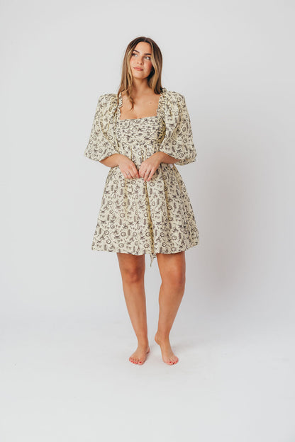 Melody Mini Dress with Pleats and Bow Detail in Ivory Vintage Tea