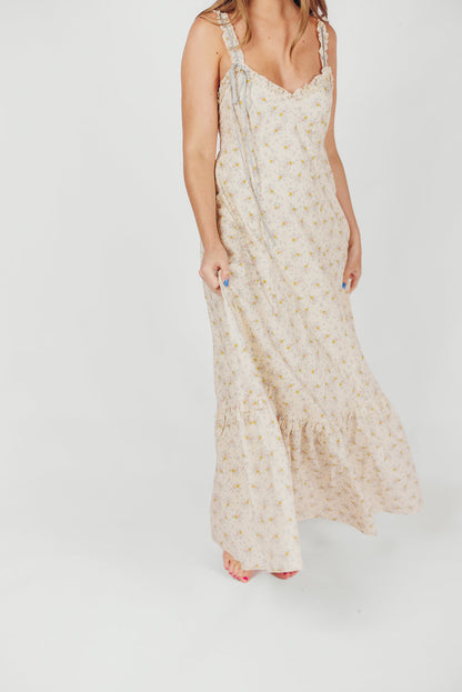 Penelope Cotton Maxi Dress with Ruffle Accents in Creme Floral