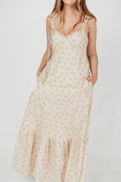 Penelope Cotton Maxi Dress with Ruffle Accents in Creme Floral