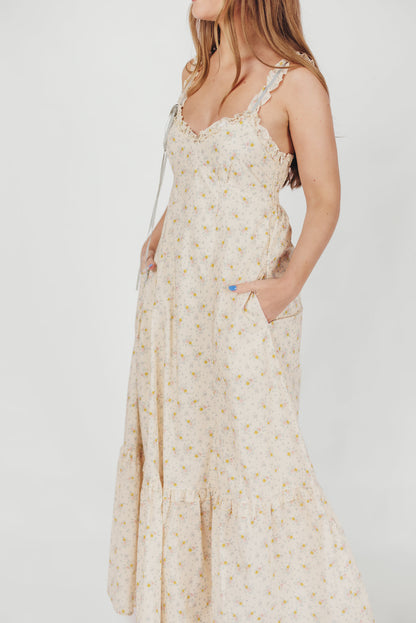 Penelope Cotton Maxi Dress with Ruffle Accents in Creme Floral