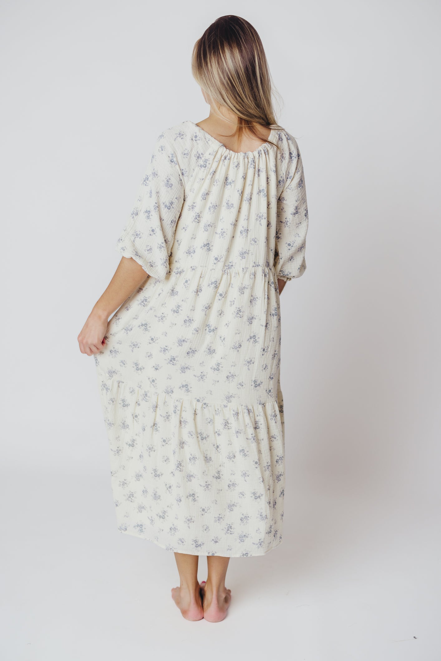 Jenna Tiered Gauze Midi Dress in Ivory Floral - Bump Friendly - Inclusive Sizing (S-3X)