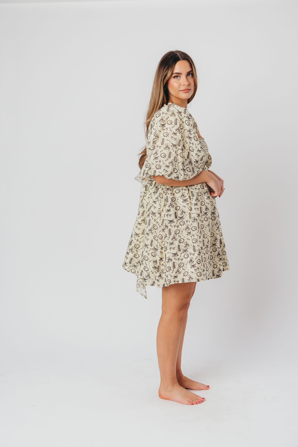 Melody Mini Dress with Pleats and Bow Detail in Ivory Vintage Tea