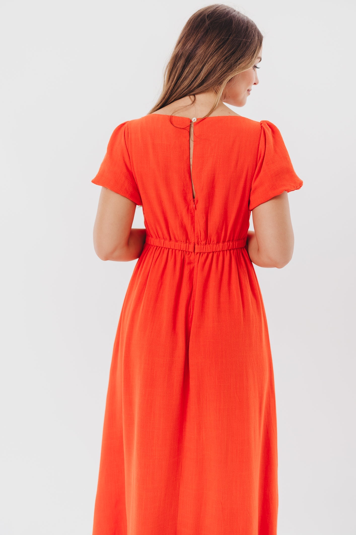 Ainsley Square Neck Midi Dress with Puffed Sleeves in Red Poppy - Bump Friendly & Inclusive Sizing (S-3XL)