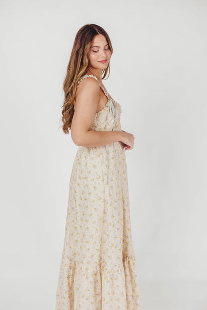 Penelope Cotton Maxi Dress with Ruffle Accents in Creme Floral