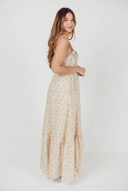 Penelope Cotton Maxi Dress with Ruffle Accents in Creme Floral