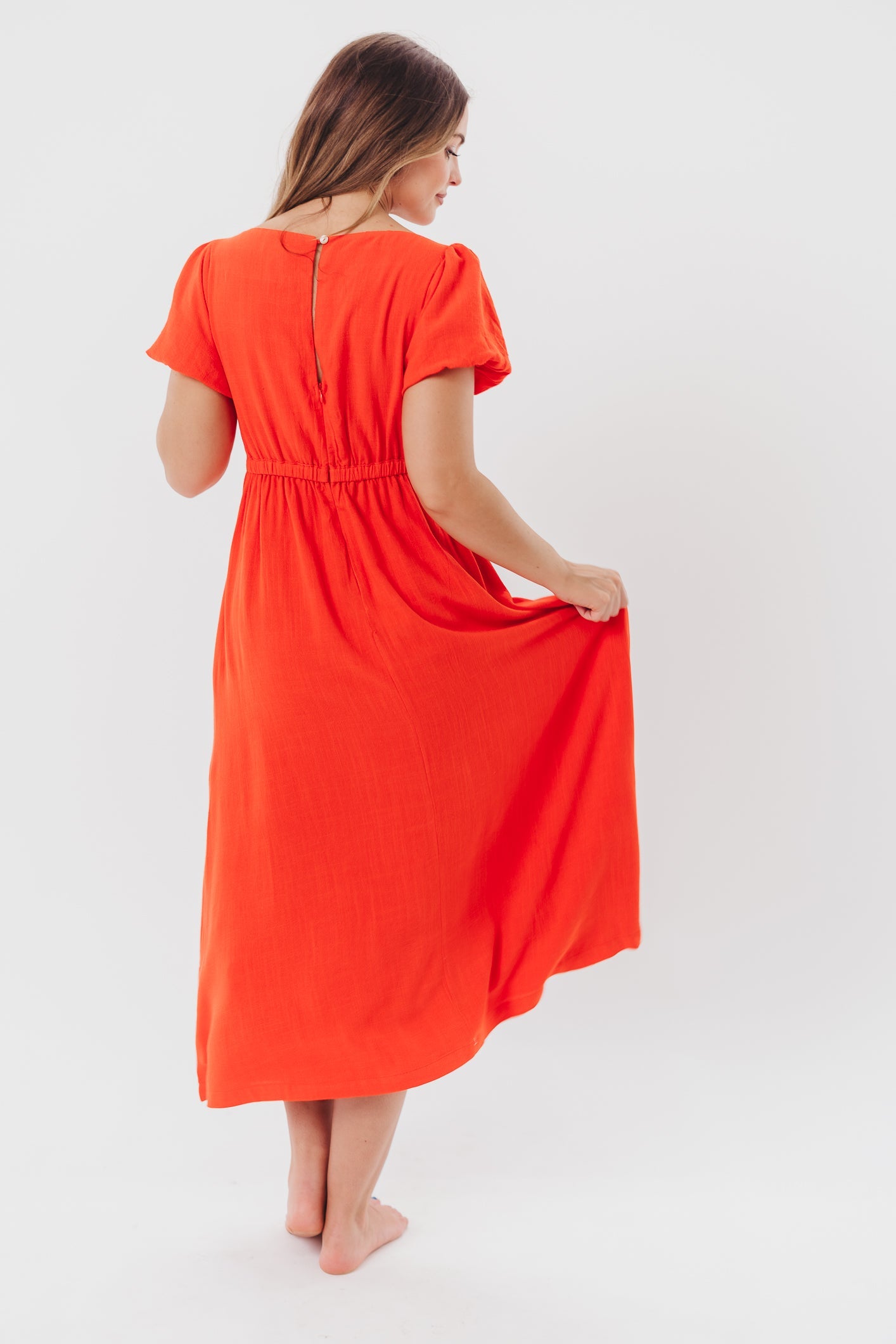 Ainsley Square Neck Midi Dress with Puffed Sleeves in Red Poppy - Bump Friendly & Inclusive Sizing (S-3XL)