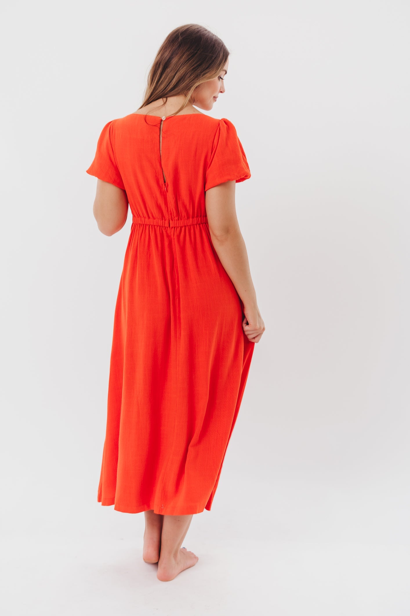 Ainsley Square Neck Midi Dress with Puffed Sleeves in Red Poppy - Bump Friendly & Inclusive Sizing (S-3XL)