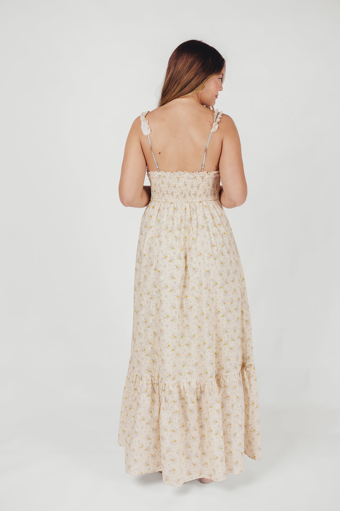 Penelope Cotton Maxi Dress with Ruffle Accents in Creme Floral